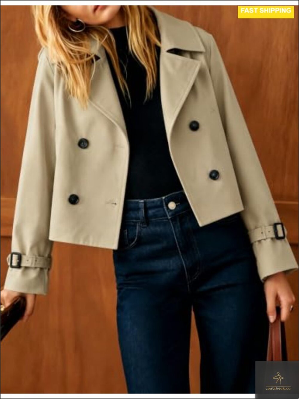 Cropped Trench Coat Double Breasted Lightweight Casual Jacket with Pockets Fall - Picture 2 of 6